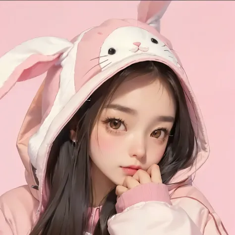 Close up of person wearing bunny hat and pink jacket, Kawaii realistic portrait, Artwork in the style of Guweiz, guweiz, Brunette girl wearing hoodie, Cute kawaii girl, Surreal sweet bunny girl, With floppy bunny ears, Cute digital art, Ruan cute vtuber, V...