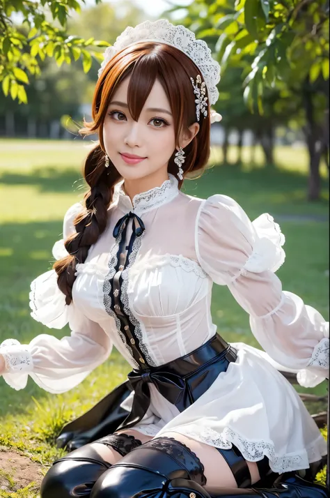 (nsfw), sexy stylish Thai model, only 1 female, ((doll-like appearance)), short Auburn stylish hair, ((shiny Victorian-Style boots)), (big smile), ultra detailed eyes, vivid eye makeup, lipgloss, long lashes, defined eyebrows, ((sexy Paradise Kiss cosplay)...