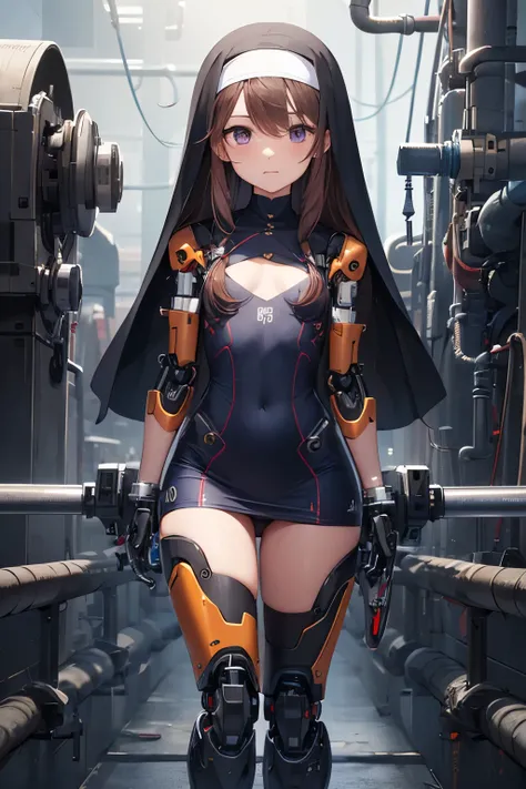   girl ,girl 12 year old  , futuristic nun suit dress , red canon,flat  chest ,long brown hair frinje ,(loli body), mechanic-headband, purple blue  best quality, 8k ,nun uniform , Cyborg arms. Mechanical Limbs Metal,  Mechanical legs .Power cablles conecte...