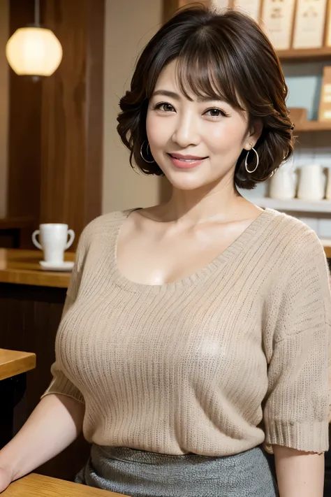 Osakas aunt、Organic Photography、Background Bokashi, highest quality、masterpiece、Ultra-high resolution、Beautiful Japanese old lady、60 years old、Looking at the audience、Elegant face、Toothy smile、Big Breasts、Wearing a short-sleeved knit、Short perm hair、mini s...