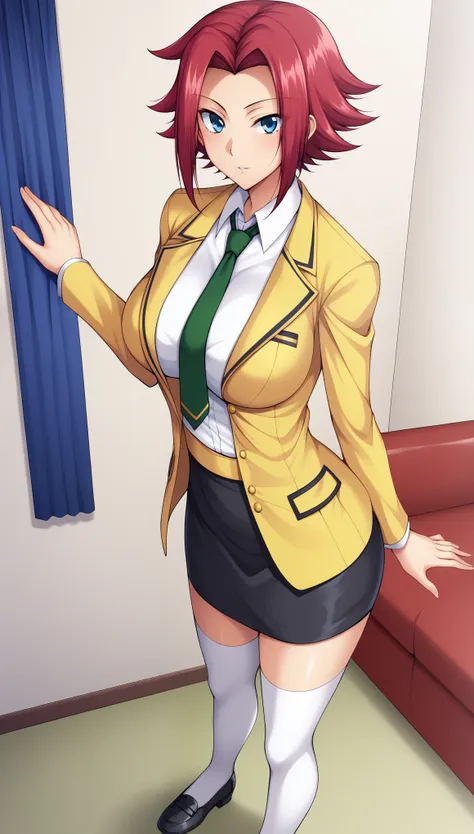 kallenstadfeldxl, blue eyes, red hair, short hair, parted bangs, large breasts, zettai ryouiki, collared shirt, yellow jacket, w...