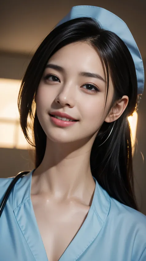 (dramatic angle)（Ultra high definition）（masterpiece）（Textured skin）（Very detailed）（high quality）（最high quality）（First Person View）(16k )hospital,nurse,1 person,Beauty Women,,Black Hair,smile,