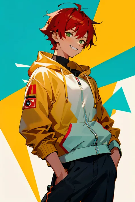 (masterpiece), ((sfw)), best quality, expressive eyes, perfect face, , (1girl,, young adult, handsome girl, longer face, flat body), solo, red hair messy short Wolf cut hair, green eyes BREAK (tanned skin, tanned male), cowboy shot, smile, grin, hoddie wit...