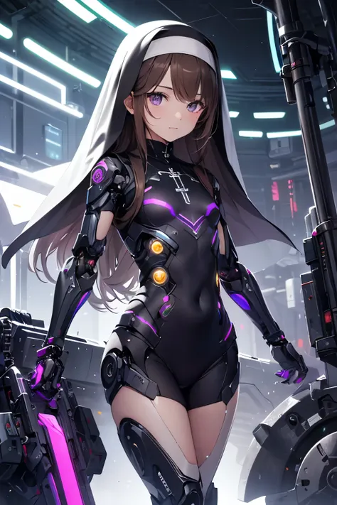   girl ,girl 12 year old  , futuristic nun suit dress ,flat  chest ,long brown hair frinje ,(loli body), mechanic-headband, purple leds ,purple  light auréola,   quality, 8k ,nun uniform , Cyborg arms. Mechanical Limbs Metal,  Mechanical legs .Power cablle...