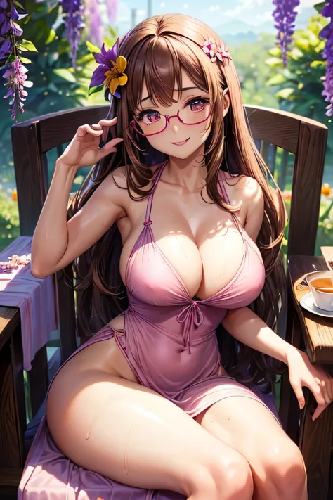 (Very detailed, highest quality, Anatomically perfect body), One girl, Anime Girls, Brown long hair, Brown eyes, Pink Glasses,heart shaped pupils,Sunburned skin, Large Breasts,beautiful breasts,pointy breasts,(Big Ass),summerdress,Wisteria flower,iced coff...