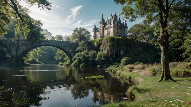 1castle, covered in moss, swamp, tree, scenery, forest, nature, bush, grass, outdoors, day, overgrown, fog, building, river, path, bridge, water, fantasy, architecture, sky, waterfall, plant, bare tree