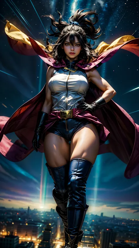 (masterpiece, best quality:1.4), cinematic light, colorful, high contrast, (1girl), NanaShimura, boku no hero academia,  large breast, thicc thighs, curvy hips, muscular body, black hair, mole under mouth, large breasts, (blue eyes), hair between eyes, sle...