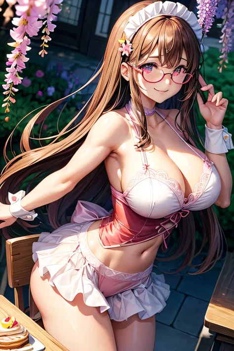 (Very detailed, highest quality, Anatomically perfect body), One girl, Anime Girls, Brown long hair, Brown eyes, Pink Glasses,heart shaped pupils,Sunburned skin, Large Breasts,beautiful breasts,pointy breasts,(Big Ass),pink waitress,Wisteria flower,Soft cr...