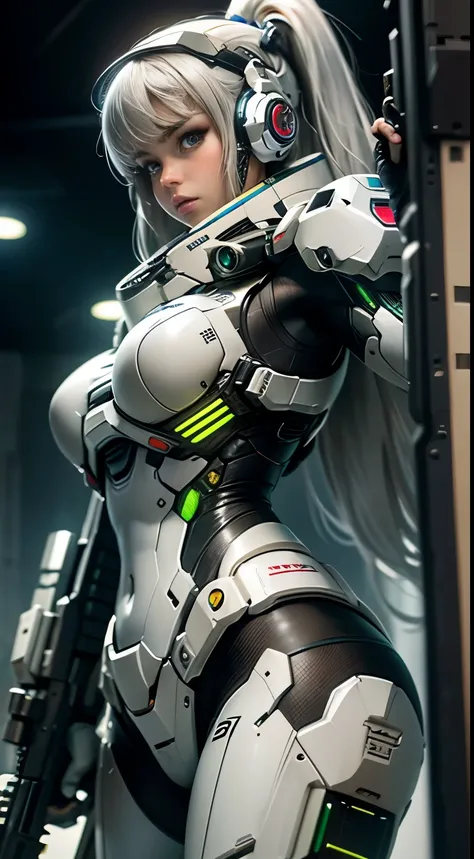 (8K,photorealistic　Raw photography　top quality;1.4) Female soldier big breasts in background, Girl in White Mech, Cyberpunk anime mecha girl, Wearing military armor ((aiming at something with a rifle:1.4)) sci-fi , Beautiful white girl cyborg, Cyborg - Sil...