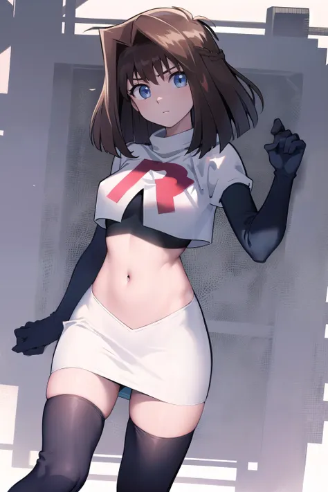 aamazaki, (antenna hair:1.2), blue eyes,medium breasts, team rocket,team rocket uniform,white skirt,red letter r,crop top,black ...