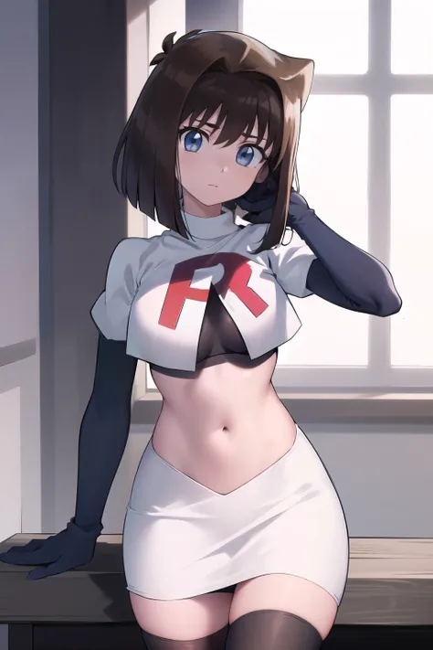 aamazaki, (antenna hair:1.2), blue eyes,medium breasts, team rocket,team rocket uniform,white skirt,red letter R,crop top,black thigh-highs,black elbow gloves,
beautiful, masterpiece, best quality, looking at viewer,