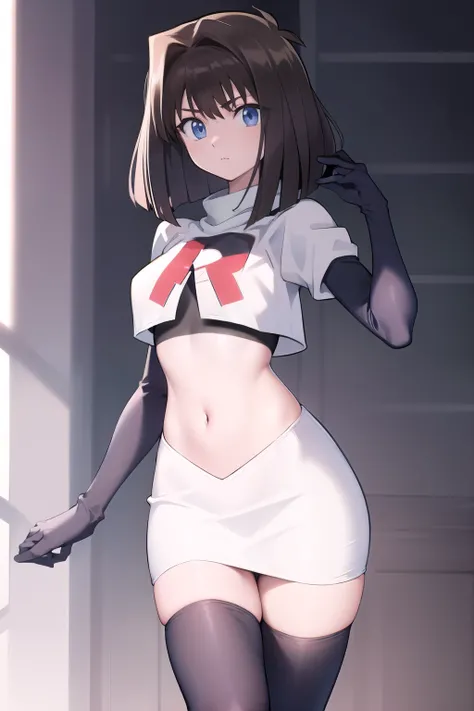 aamazaki, (antenna hair:1.2), blue eyes,medium breasts, team rocket,team rocket uniform,white skirt,red letter R,crop top,black thigh-highs,black elbow gloves,
beautiful, masterpiece, best quality, looking at viewer,