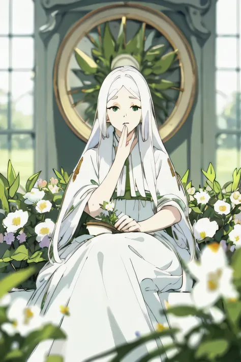 (masterpiece, best quality),1girl with long white hair sitting in a field of green plants and flowers, her hand under her chin, warm lighting, white dress, blurry foreground