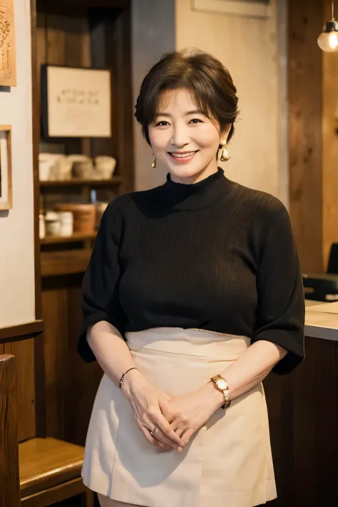 Osakas aunt、Organic Photography、Background Bokashi, highest quality、masterpiece、Ultra-high resolution、Beautiful Japanese old lady、60 years old、Looking at the audience、Elegant face、Toothy smile、Big Breasts、Wearing a short-sleeved knit、Short perm hair、mini s...