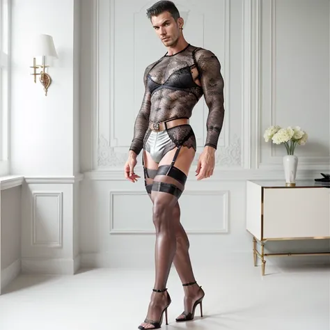 A masculine muscular hunk man with very short hair,  lingerie, gaff, black nylon stockings with lace top, padded bra, extreme black stiletto high heels and with metal heels and pointy toes garterbelt, with makeup, fake nails and fake eyelashes, long earrin...