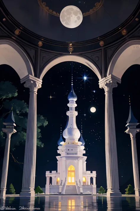 Moon palace, created by Midoru, a sacred celestial moon palace illuminated by starlight and the gentle glow of the moon. The intricate, ultra-detailed architecture, inspired by the beauty of the moon itself, is dominated by white marble and silver moonston...