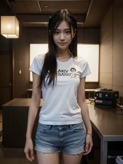 8k, RAW photo, best quality, ultra high resolution, (photorealistic), realistic photo of skinny japanese girl dee jay, (skinny japanese girl, 20 years old, most beautiful japanese girl in the world, slim face, black hair, straight hair), in the tokyo night...