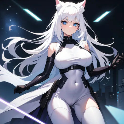 Cat girl, white hair, blue eyes, big beautiful breasts, tight Sci-fi suit, laser pistol in hand, on a dark background, full-length, pixel art