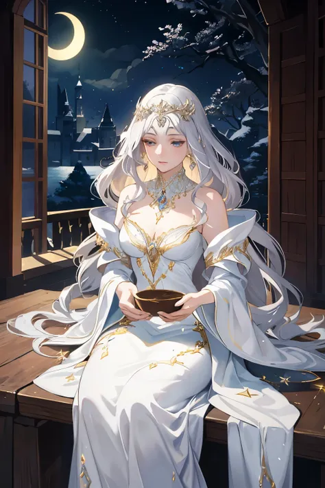 **captivating young woman, ethereal beauty, flowing silver hair, delicate silver crescent moon crown, glistening white robe, soft moonlight, daydreaming, serene expression, enchanting, glowing skin, delicate features, moonlit, detailed, masterpiece, best q...