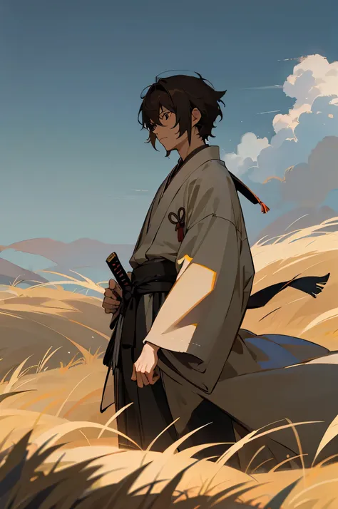 adult, male, samurai clothing, grasslands, brown hair