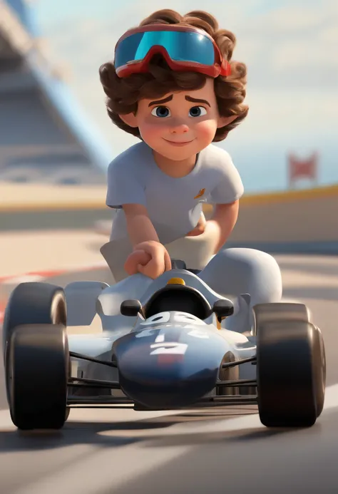 Umthe , estilo pixel, desenhos da Disney, cabelo ondulado, menino, feliz, com roupa de piloto de formula 1um garoto feliz e fofo, fundo branco, the , Tom, Estilo Pixar, ....3d, desenhos animados, rosto detalhado, asymmetric 16k