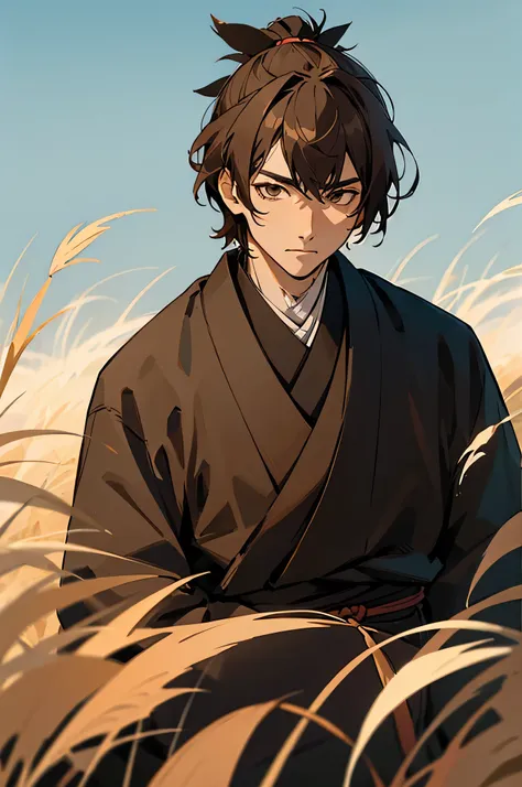 adult, male, samurai clothing, grasslands, brown hair, face icon