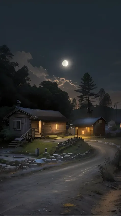 night，There is a small house on the dirt road, full moon night, On a moonlit night, Moonlit Night, author：Yang Borun, Night view, Night village background, Moonlight at night, Nighttime Moonlight, The light of the moon, On a moonlit night, by Liu Haisu, Mo...