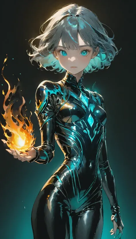 Multicolor, 1 girl, night, dark, Grey Hair,(Detailed drawn eyes), Sharp eyes, anger, Looking at the audience, Shiny black latex bodysuit, Black shiny body armor, Upper Body, , Incredibly Tiny Waist , Blue Flame Wizard, A pale ball of flame floating in the ...