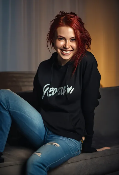 sexy girl posing on sofa, 8k, RAW photo, portrait, best quality, ultra high res, photorealistic, 1girl, vicious smile, dirty skin, dim light, soft lightning, jeans, black shirt, black hoodie, red hair