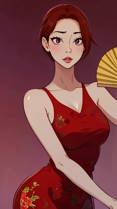 Beautiful woman aged 40, holding a chinese fan, tight cheongsam dress, wallpapers, reddish brown hair, purple eyes, ((Plain cream background)), short hair, ((Look sexy))