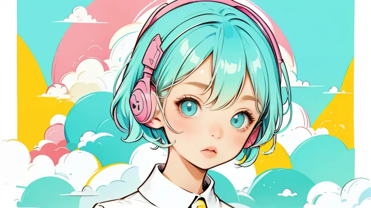 head set, vibrant art,pop、bright、colorful, 1 female, light blue hair,　short hair、happy,cute, animation style, kawaii, clearly, c...