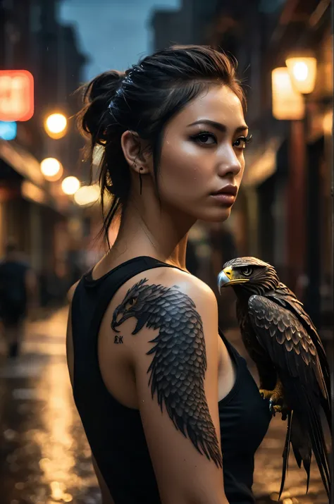 (dynamic pose:0.9),the girl with the eagle and serpent tattoo,rainy city street at night,black eyeliner,black sleeveless muscle shirt,from behind,(big eagle and serpent tattoo on the back),swedish town,detailed skin,detailed eyes,photorealistic,dramatic li...