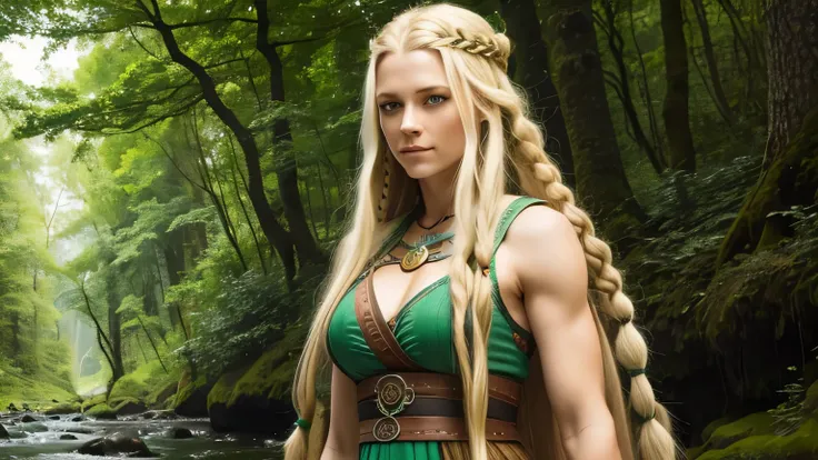 Viking woman, long blonde hair, dreadlocks, blue eyes, slight smile, beautiful and defined body, surrounded by nature. Dressed in green.