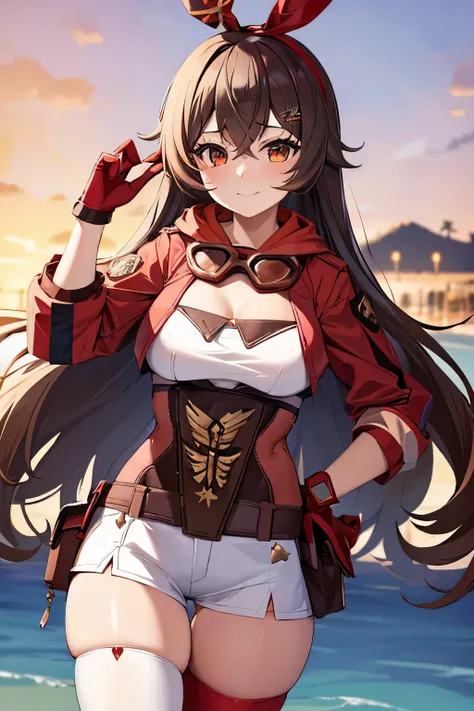 (masterpiece, best quality:1.2),1girl,beautiful purple sunset at beach,upper body,long_hair,breasts,smile,bangs,brown_hair,thighhighs,gloves,long_sleeves,ribbon,cleavage,hair_between_eyes,medium_breasts,jacket,hair_ribbon,thighs,shorts,belt,red_ribbon,oran...