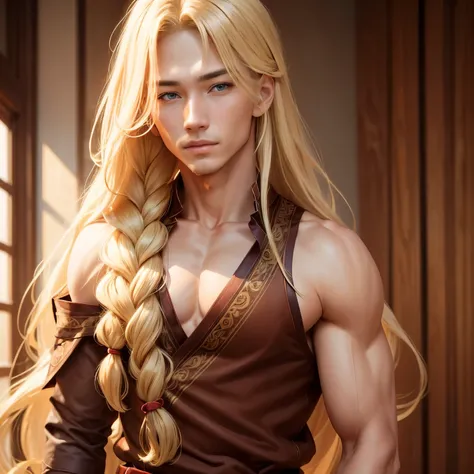 Blonde, amber or brown eyes, handsome, long blonde hair in a braid, East Asian, male, slightly muscular, curtain bangs, side part