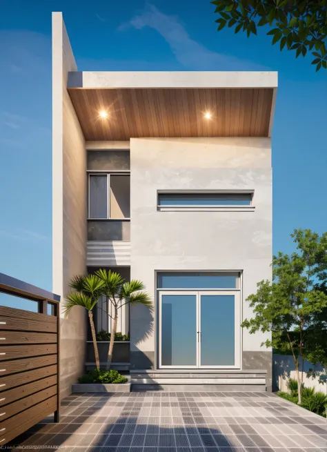 PLATFORM KTHOUSE, 1 morden villa, main material of villa about build color wall:1.2 glass panel:1.1 and stone:1.2, 1large yard, 1 road runs in front of the house, (RAW photo, real, best quality, masterpiece:1.2), look morden minimalist, warm lighting:1.3, ...