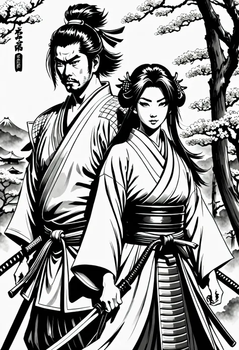 Pau preto e branco, sua arte em tinta fina, comic style, portrait of japan, Samurai and gueixa, japanese couple, Glamour de Osaka, bela arte de linha, black and white comic style, manga style, manga art style, pencil and ink caricature drawing, black and w...