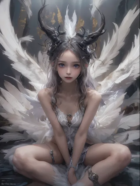 (white color concept:1.0),a girl like doll with angel wings, 12yo, (((twins))),archdevil, nearly naked, thin body, skinny, small breasts, flat chest, (dynamic pose:1.2), thin body, tiny tits, (((sitting))), devil crown, dragon horn, looking down at camera(...