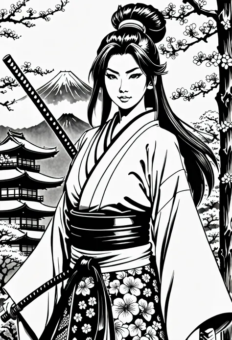 pau preto colorido, sua arte em tinta fina, comic style, portrait of japan, samurai and gueixa, japanese couple, glamour de osak...