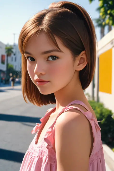 Elegant Minimalistic Photography, 1990s, beautiful Finnish wearing a pink babydoll dress, busy LA street on a summer day, Natural Lighting, chaos, minimalist, close-up portrait photo, shot on Portra 400.