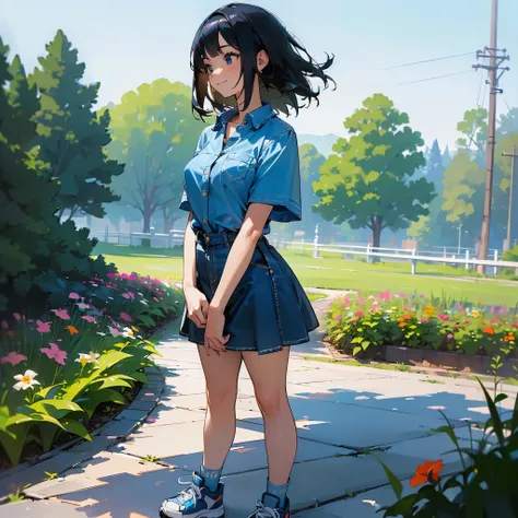 (high quality, High resolution, Very detailed, reality:1.37), Peaceful atmosphere, (Outdoor, garden), Teenage girl standing alone, (my breasts are big.), Beautiful details, Cute Smile, (Black bob hair), Short sleeve shirt, Denim skirt, Blue socks, sneakers...