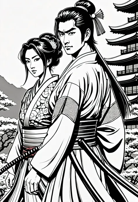 arte em tinta fina, comic style, portrait of japan, Samurai and gueixa, japanese couple, Glamour de Osaka, bela arte de linha, black and white comic style, manga style, manga art style, pencil and ink caricature drawing, coloring, , other positions, corpo ...