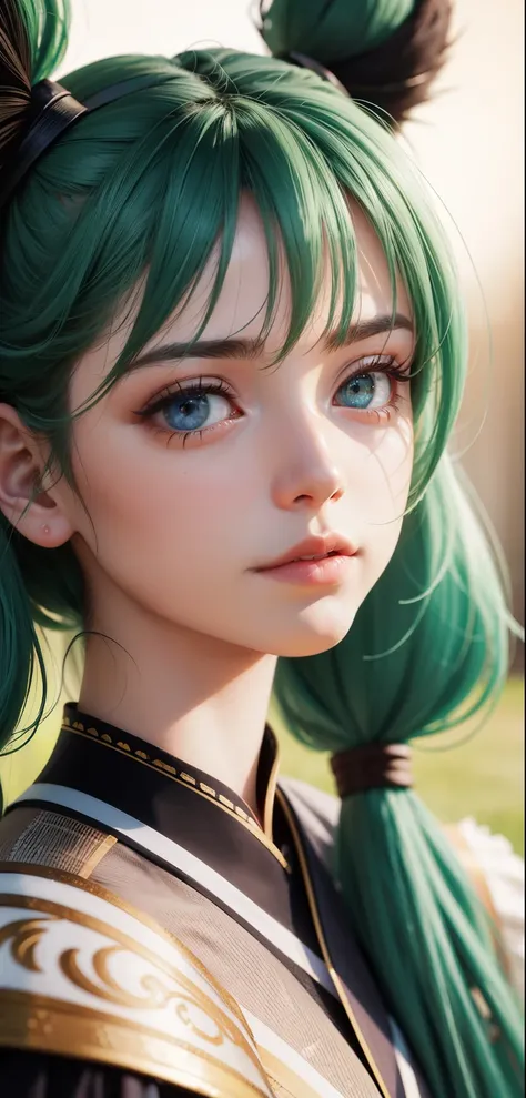 1 garota, Sozinho, hair ornament, cabelo verde, twintails, cabelo longo, vestir, Water,, foto de retrato no meio da cena de (Faruzan) do impacto genshin,, fundo de fantasia escura, sorriso encantador., by Greg Rutkowski and Walt Disney ultra realistic high...