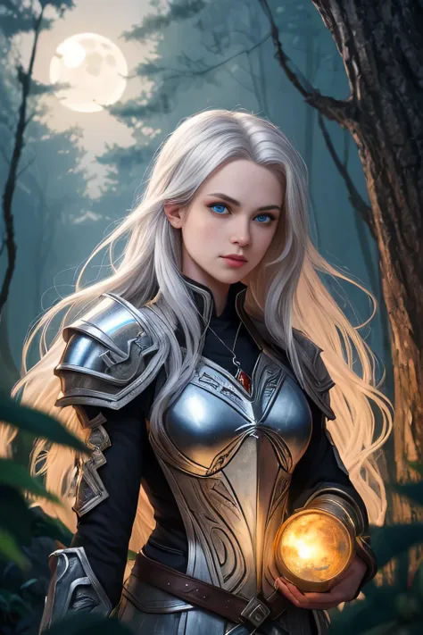 Aasimar, Twilight Cleric, Silver hair, Blue eyes, glowing eyes, moonlit forest, female