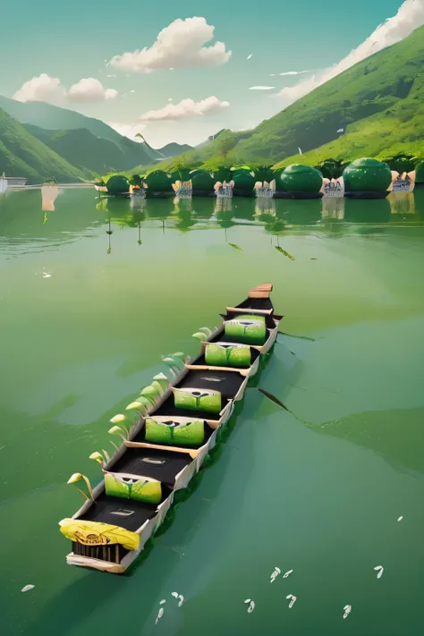 (((((Dragon boat festival)))），((rice dumpling))，((Rice dumpling leaves))，（Minimalism），((Illustration style))，Green style，Cartoon Characters，((landscape)),