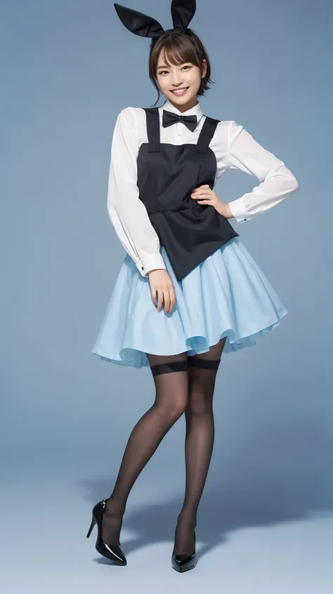 Bunny girl in light blue maid outfit:1.5，Wearing light blue tights:1.5，The best smile:1.5，Full Body Shot:1.5，Gray background:1.5，Wearing black high heels:1.5，Short cut side wave:1.5，