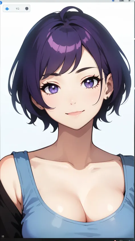 ((highest quality)), ((masterpiece)), (detailed), Perfect face gal、smile、short hair、glamorous、Thicker outline、Stronger saturation、Anime painting、Purple Hair、White background