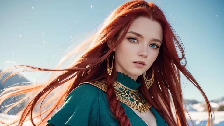 Viking woman, long red hair, dreadlocks, green eyes, slight smile, beautiful and defined body, in a snowy field. She is wearing a blue dress with gold accents and a low neckline.