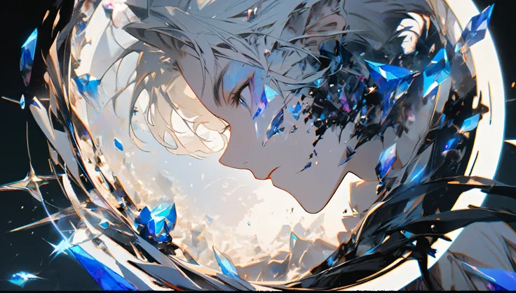 1boy, facial profile, 8k, a white wolf ear boy, crystals floating in a circle