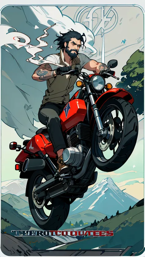 (ultra realistic, highly detailed:1.4), best quality, masterpiece, perfect face, male, tall, short hair, beard, thor, motorcycle, bad guy, tattoos, smoking,  handsome, strong, riding motorcycle, mountain nature forest background 